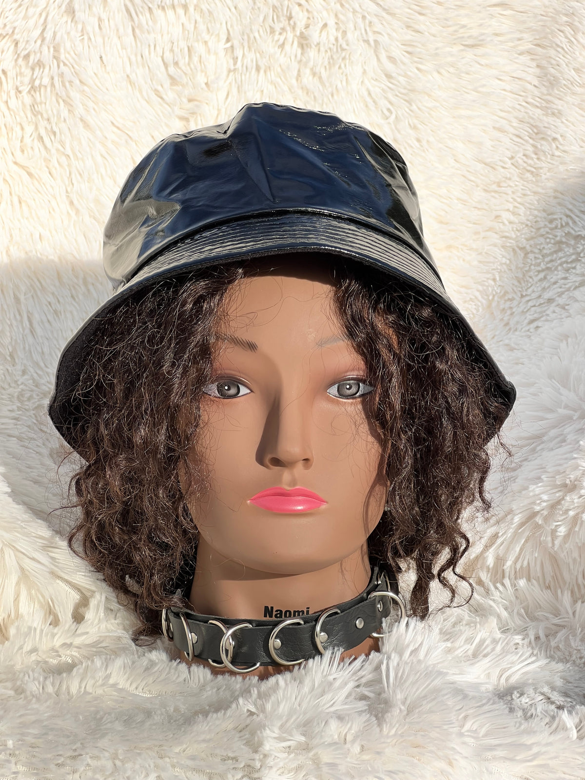 BLACK FAUX-LEATHER BUCKET HAT