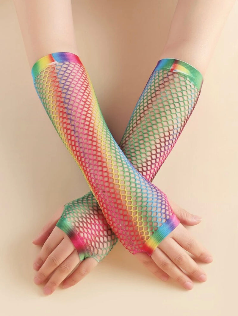 Pride Rainbow Fishnet Gloves