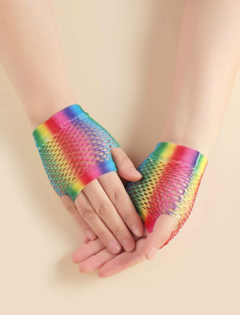 Pride Rainbow Short Fishnet Gloves