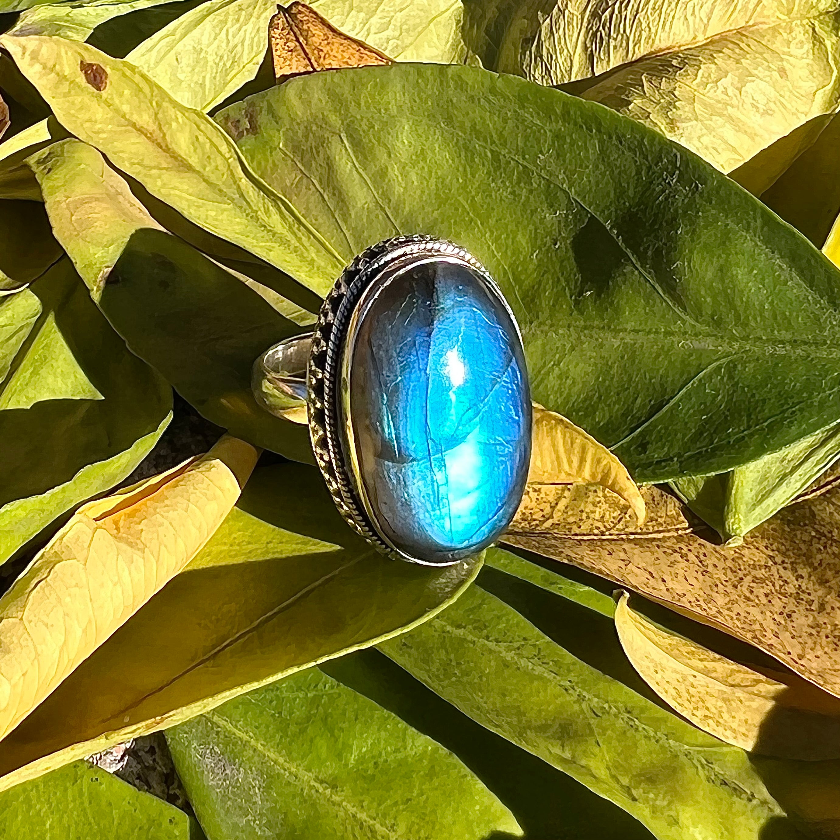 Sterling silver labradorite crystal ring top gothic Elven style cosplay jewelry